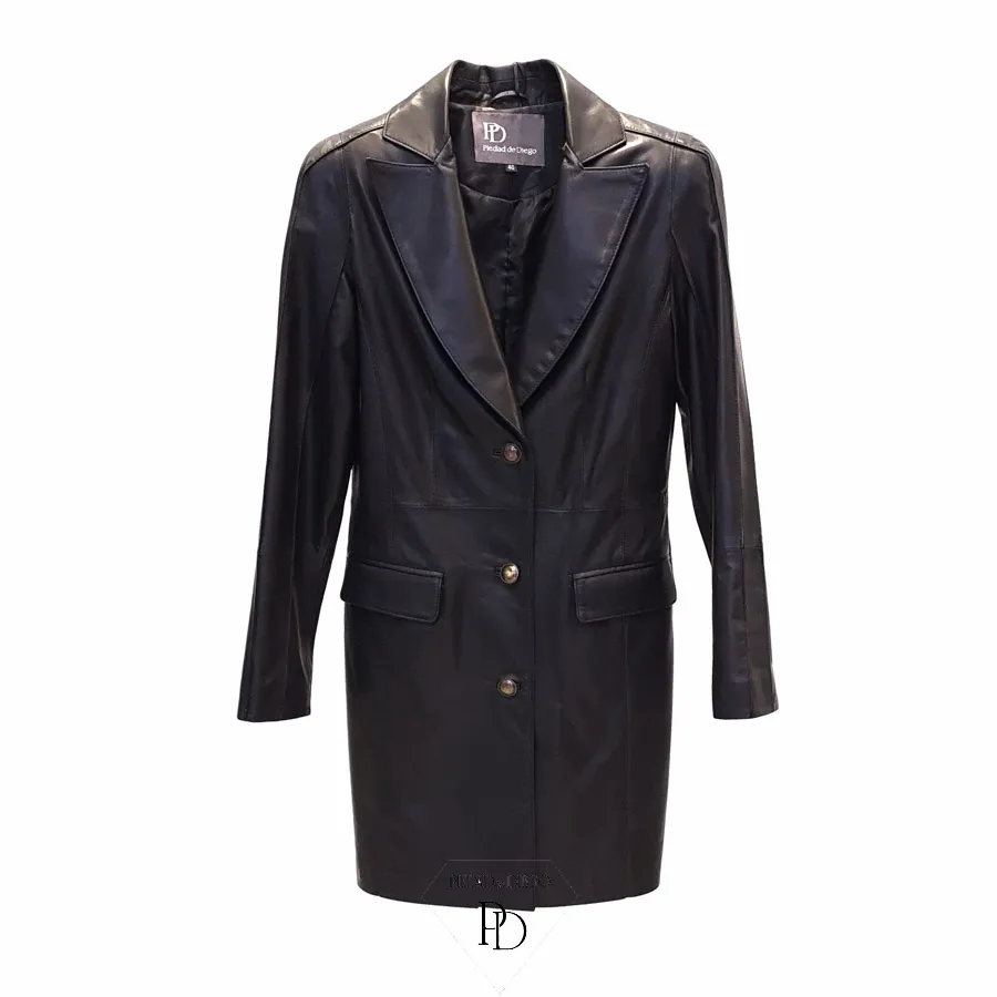 Abrigo de Piel Mujer Cuero Negro Botones – Berarber