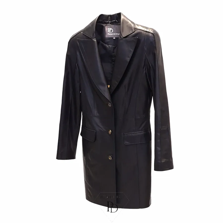 Abrigo de Piel Mujer Cuero Negro Botones – Berarber