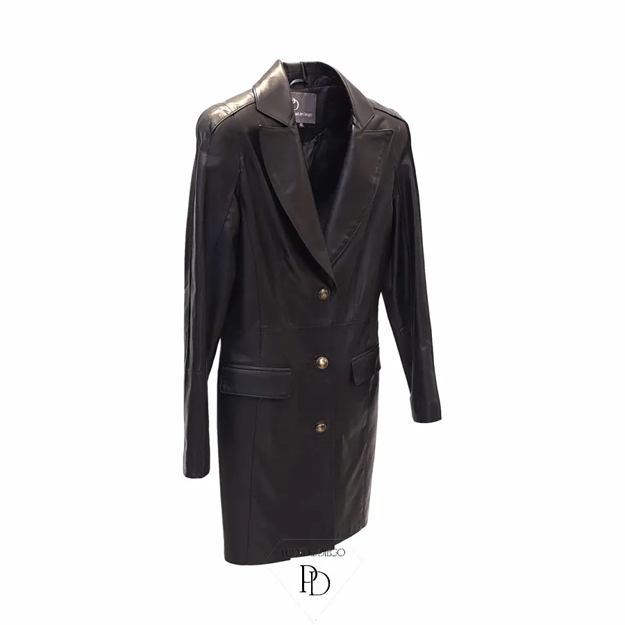 Abrigo de Piel Mujer Cuero Negro Botones – Berarber