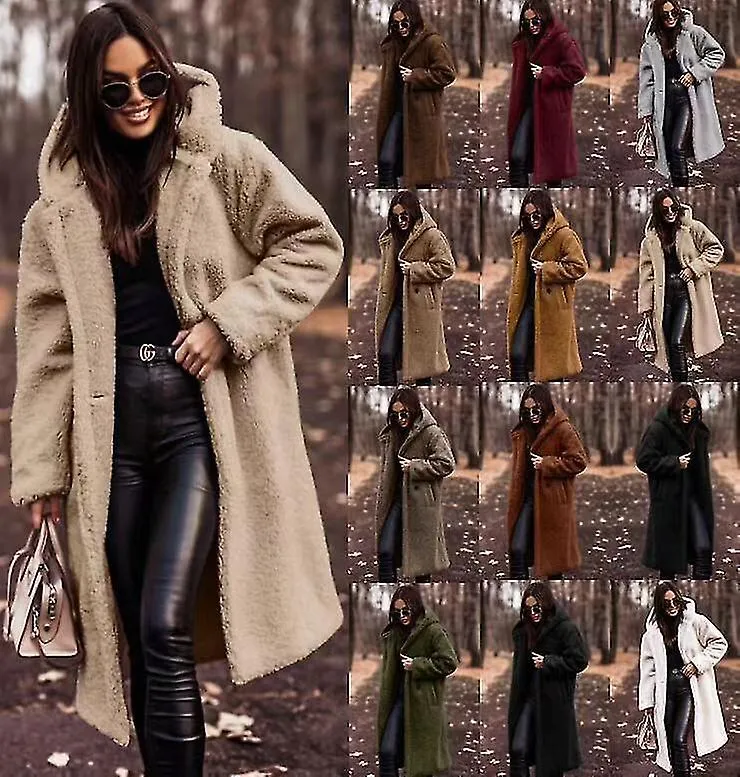 ABRIGO LARGO DE MODA DE INVIERNO ABRIGO DE MUJER DE LANA DE MANGA LARGA DE COLOR SóLIDOYUJIA