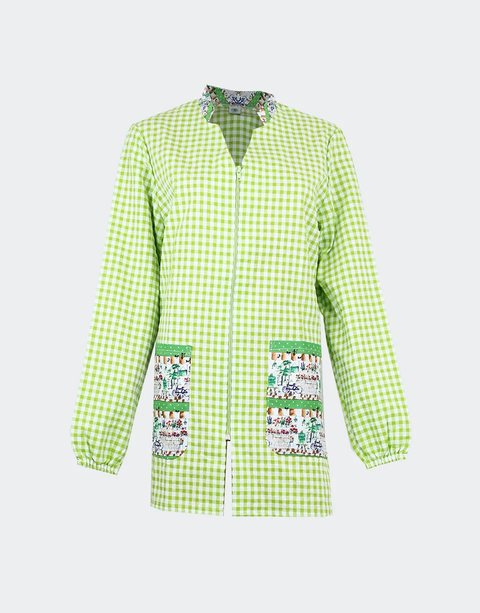 Bata mujer tela manga larga, largo 3/4 cremallera cuadros cuello mao y detalles estampado paisaje con bici