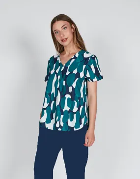 Blusa camiseta mujer tela manga corta escote pico con cuatro botones estampado abstracto en verde, marino y blanco