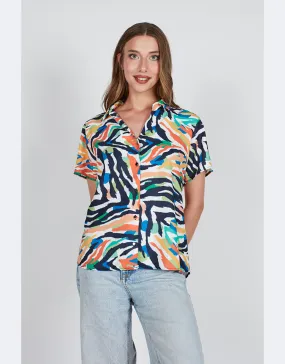 Blusa mujer manga corta cuello estampado abstracto colorines
