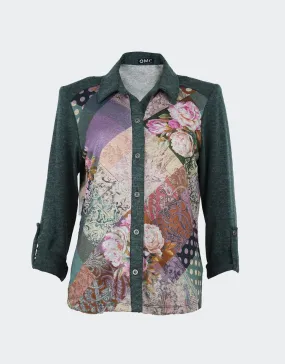 Blusa mujer punto estampado delante en flores tonos rosas, mangas y cuello verde