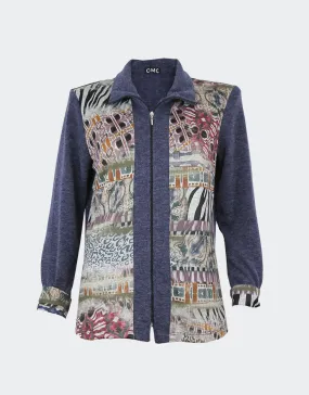 Blusa mujer punto fino con cremallera estampada abstracto en delantero y puños
