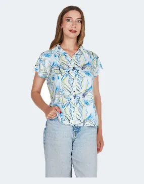 Blusa mujer punto manga caída corta cuello camisero estampado abstracto en azules y verdes