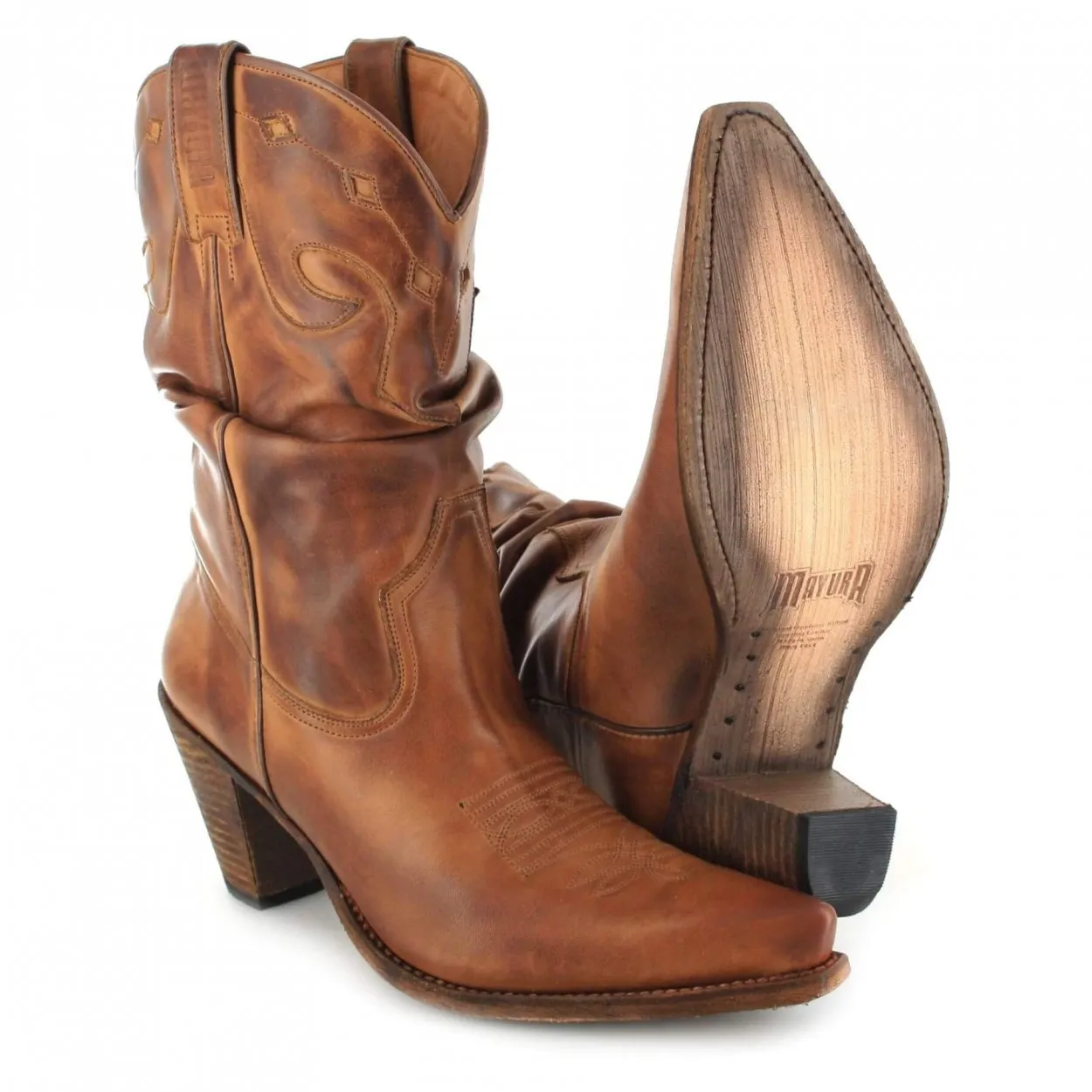 Bota cowboy piel camel mujer
