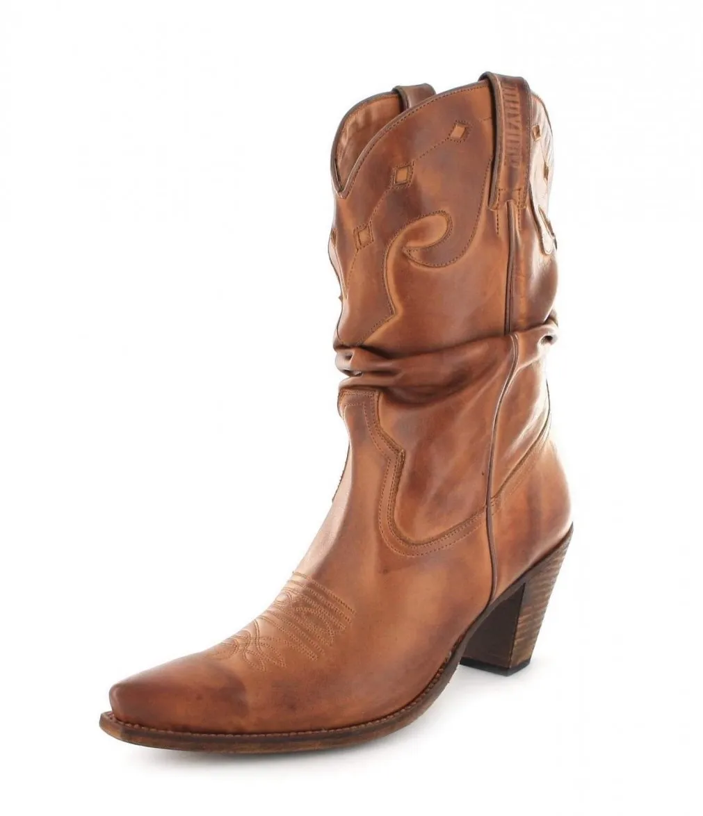 Bota cowboy piel camel mujer
