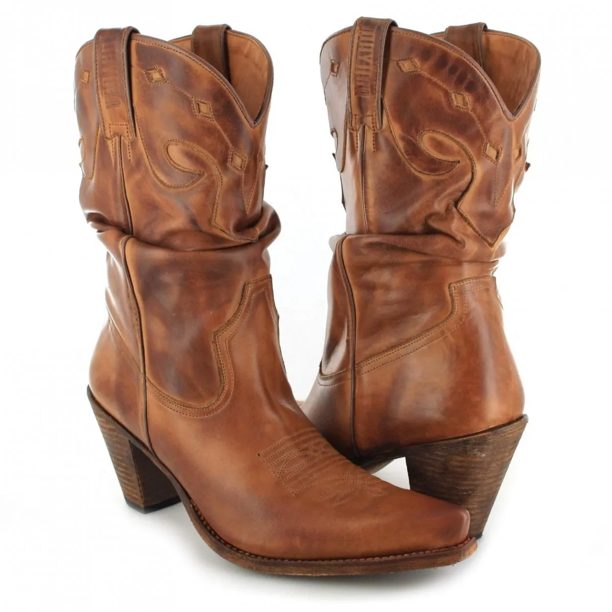 Bota cowboy piel camel mujer

