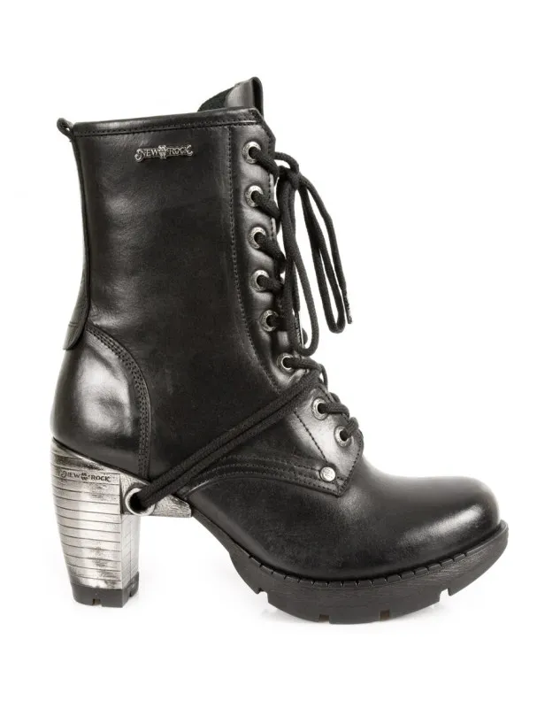 BOTINES PARA MUJER DE PIEL NEGROS TACON ACERO CON CORDONES