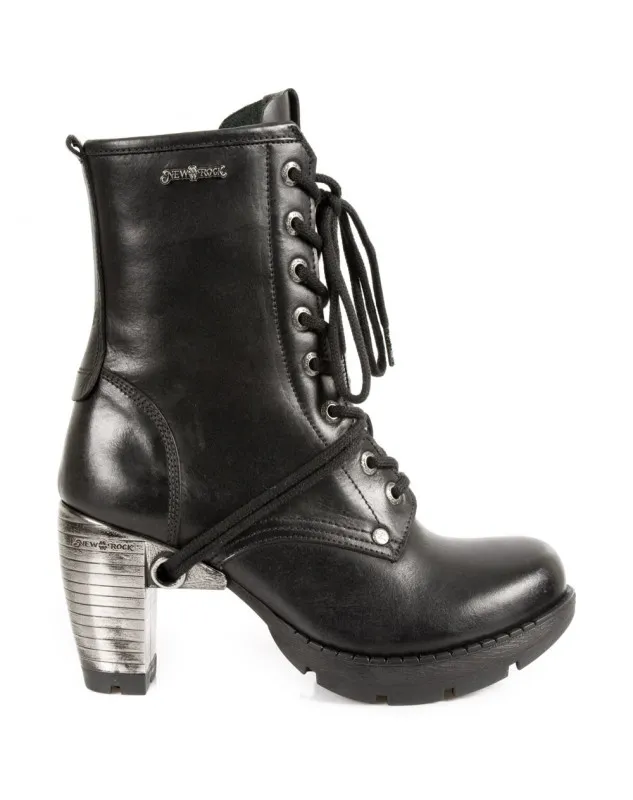 BOTINES PARA MUJER DE PIEL NEGROS TACON ACERO CON CORDONES