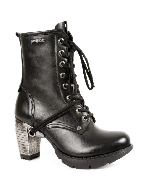 BOTINES PARA MUJER DE PIEL NEGROS TACON ACERO CON CORDONES