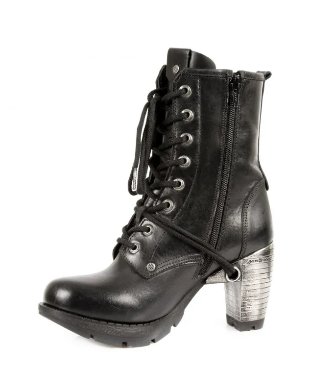 BOTINES PARA MUJER DE PIEL NEGROS TACON ACERO CON CORDONES