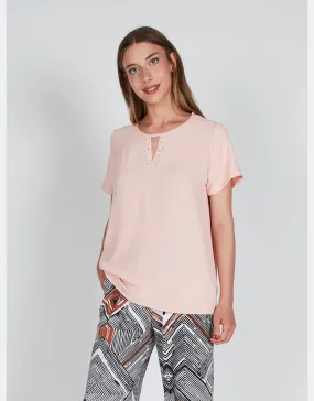 Camiseta mujer tela manga corta cuello redondo con detalle brillantes