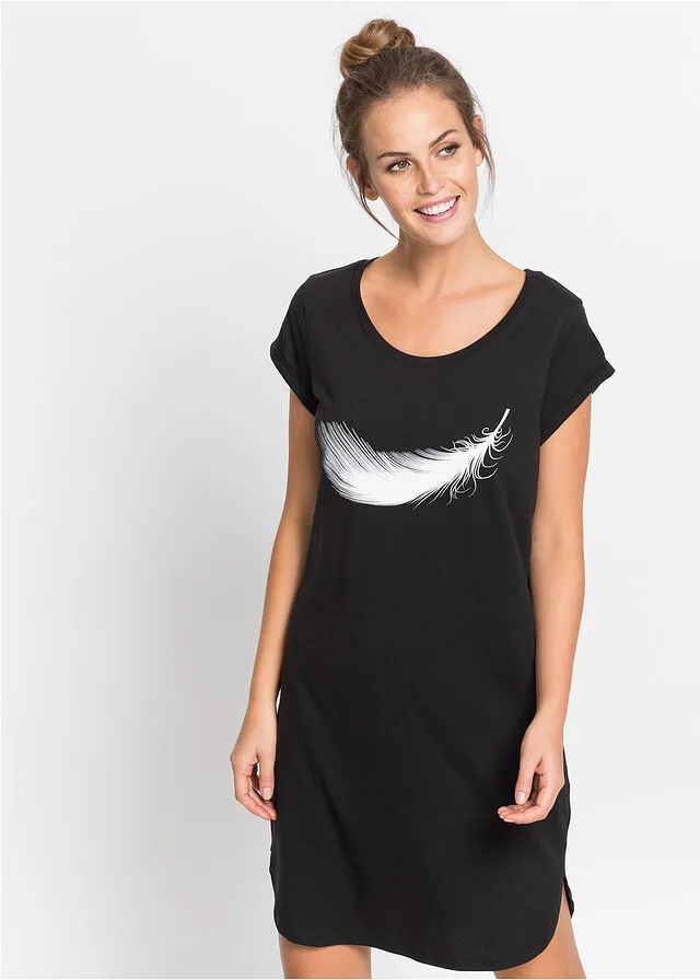 Camisón de algodón Negro estampado