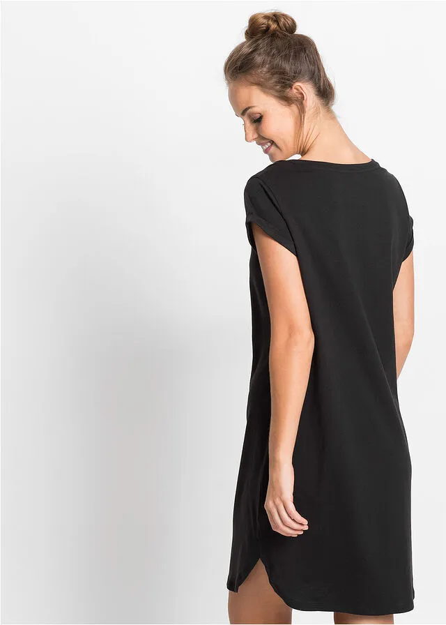 Camisón de algodón Negro estampado