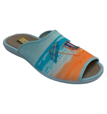 Chanclas mujer abiertas punta talón tumbona y sombrilla Aguas nuevas en turquesa