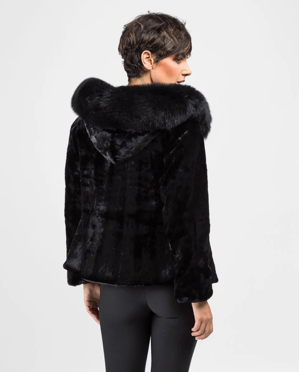 Chaqueta de pelo de mujer de visón rasado con capucha