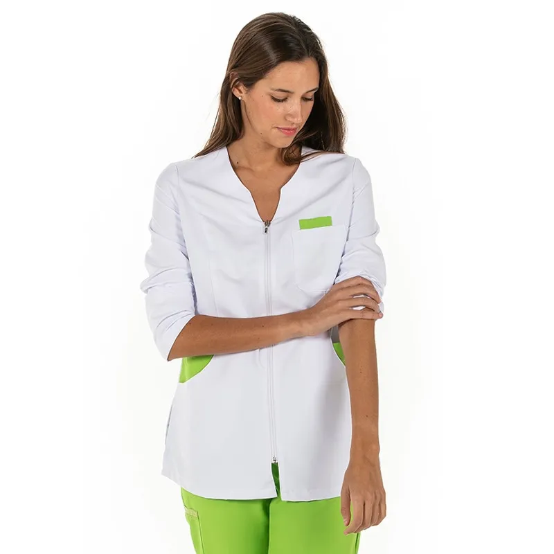 CHAQUETA LABORAL MICROFIBRA DE MUJER MANGA LARGA BLANCA Y PISTACHO  DYNEKE
