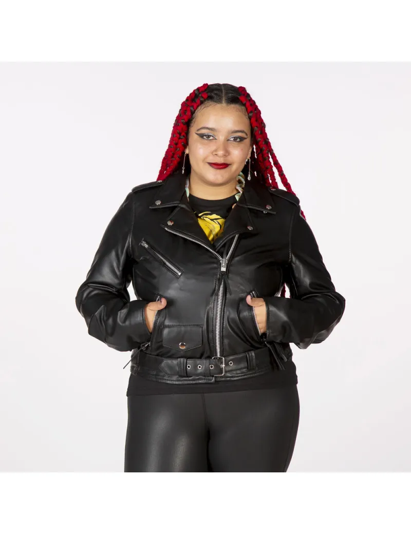 Chaqueta rockera de cuero negra para mujer