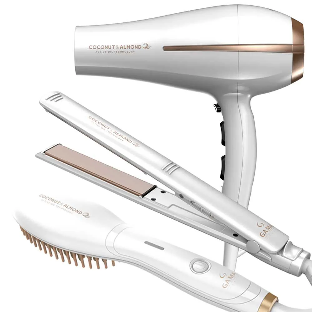 Combo Secador De Pelo Gama Coconut & Almond + Alisador Elegance Std + Cepillo Innova Mini