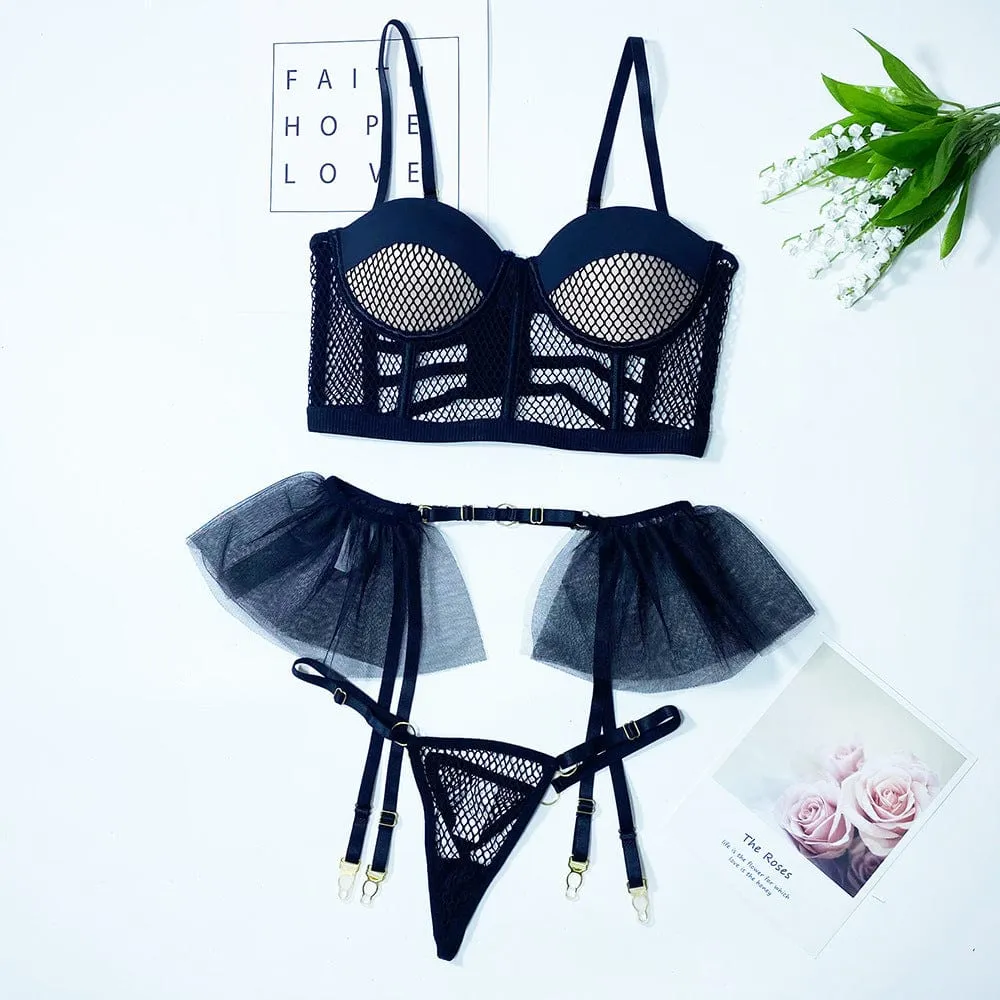 Conjunto de lencería con rejilla y volante