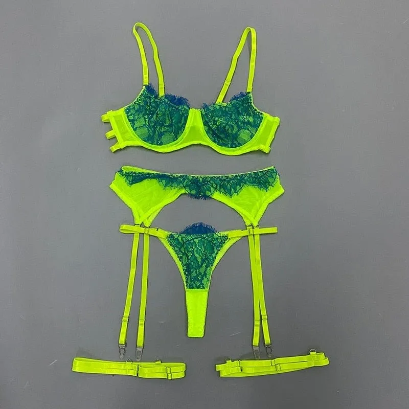 Conjunto de lencería de encaje neón