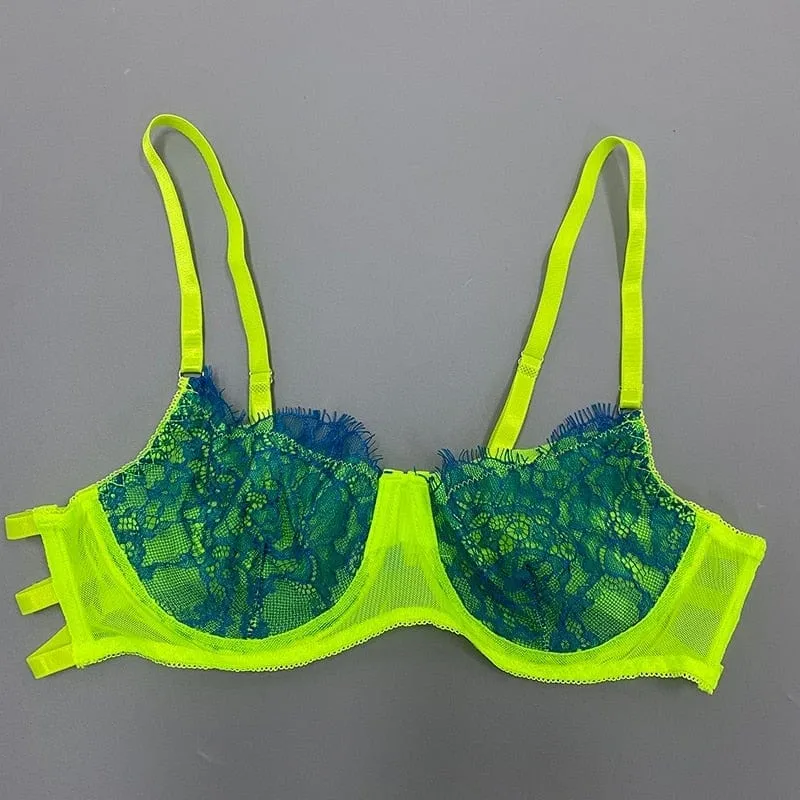 Conjunto de lencería de encaje neón