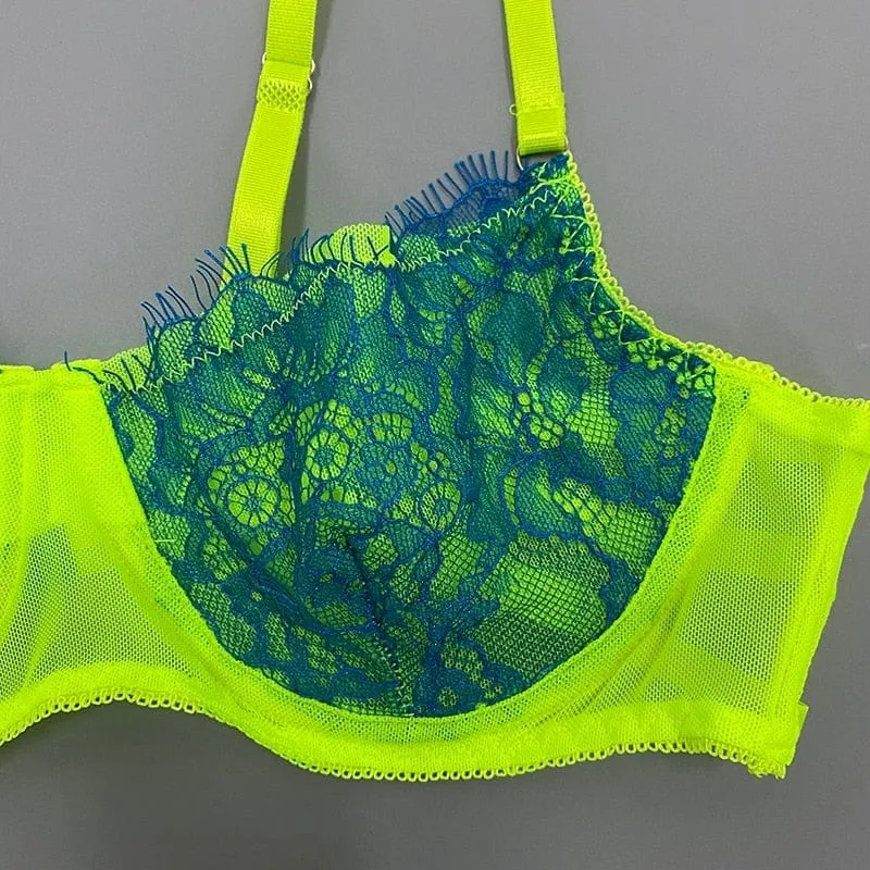 Conjunto de lencería de encaje neón