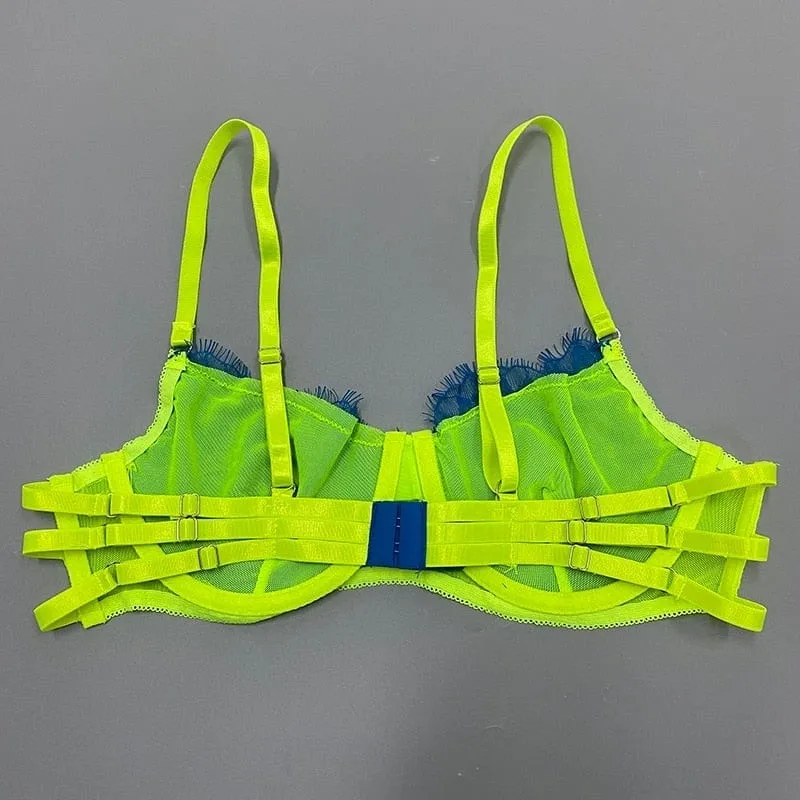 Conjunto de lencería de encaje neón