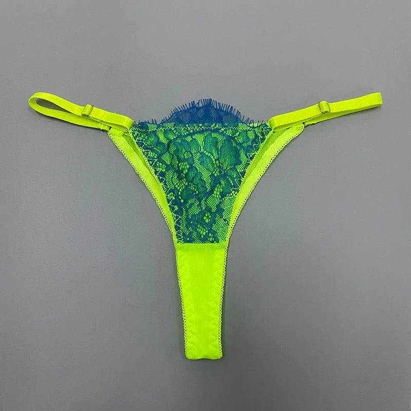 Conjunto de lencería de encaje neón