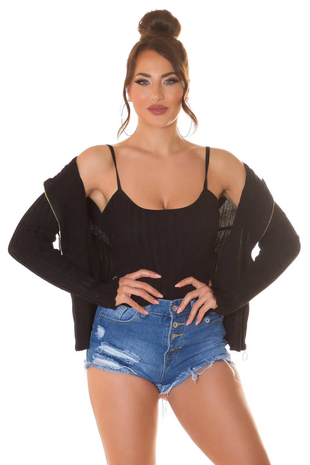 Conjunto de punto top y chaleco negro