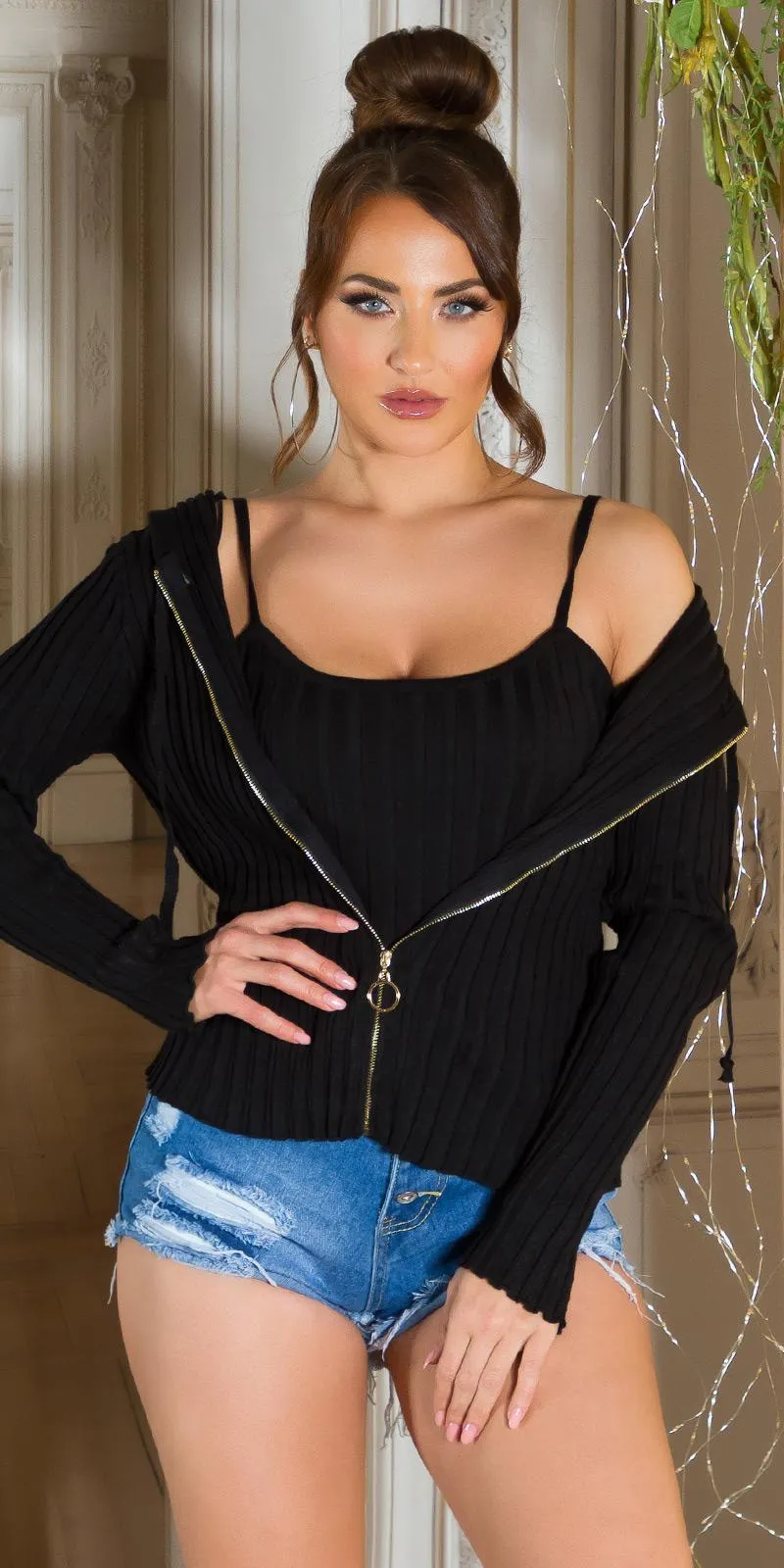 Conjunto de punto top y chaleco negro