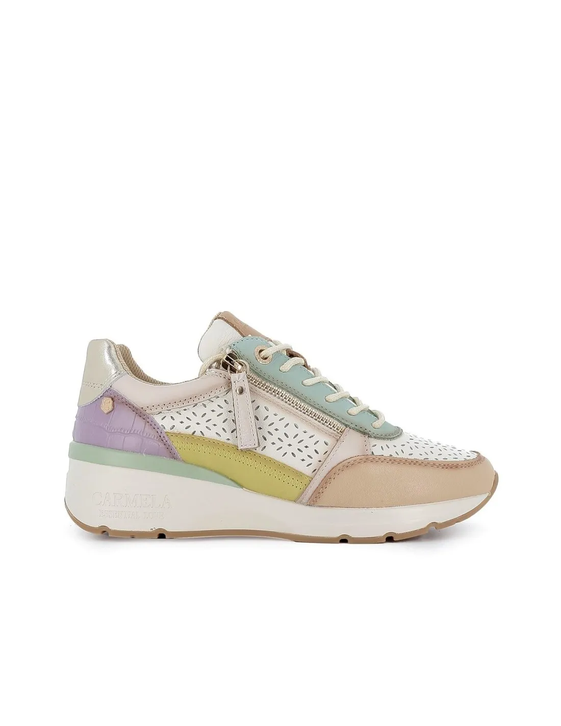 Deportiva cremallera y cordones piel calada blanca contraste mujer CARMELA