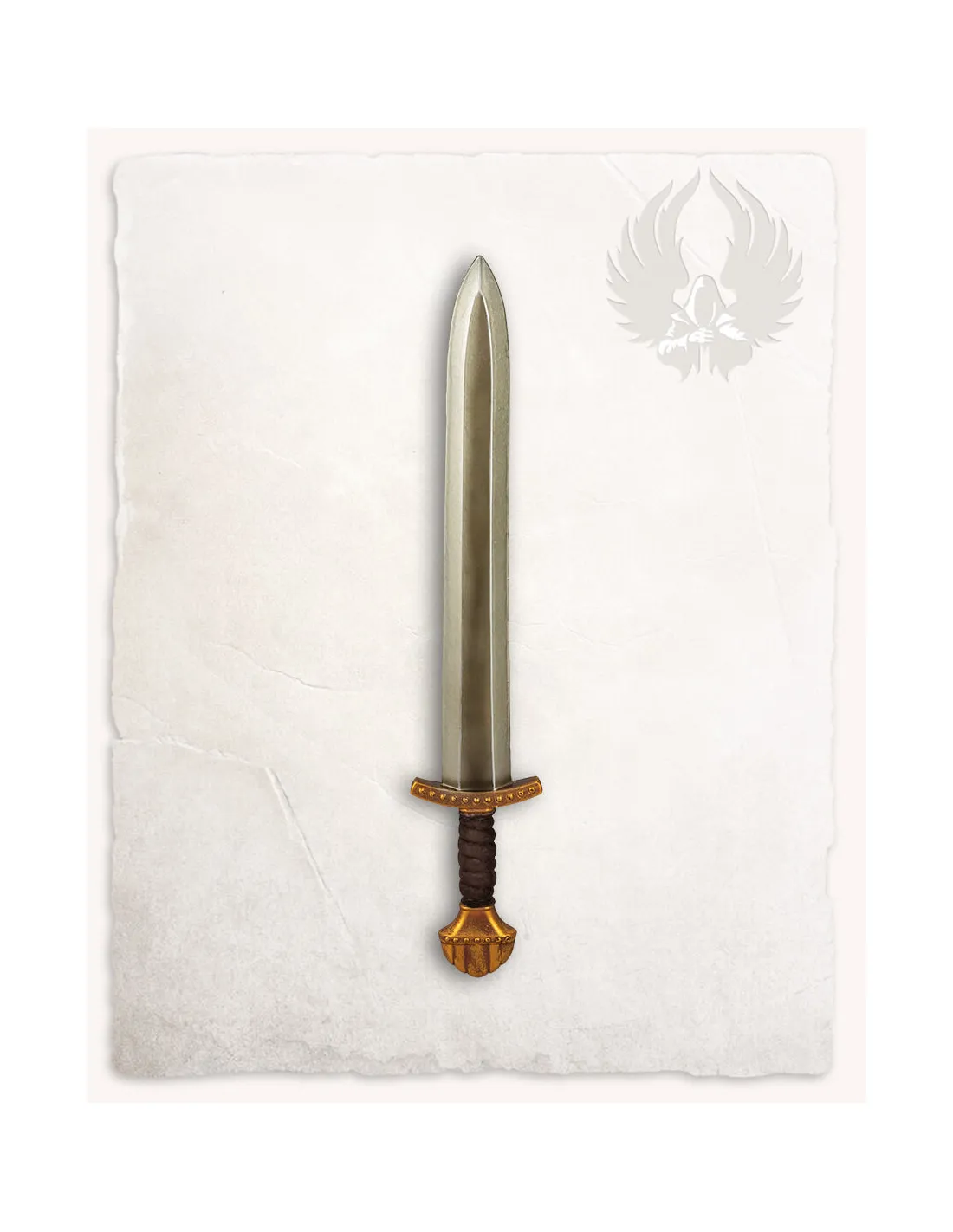 Espada vikinga corta LARP modelo Fidas, acabado dorado