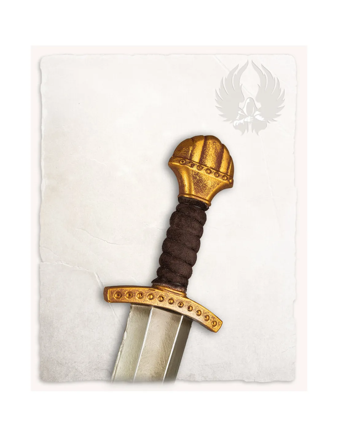 Espada vikinga corta LARP modelo Fidas, acabado dorado