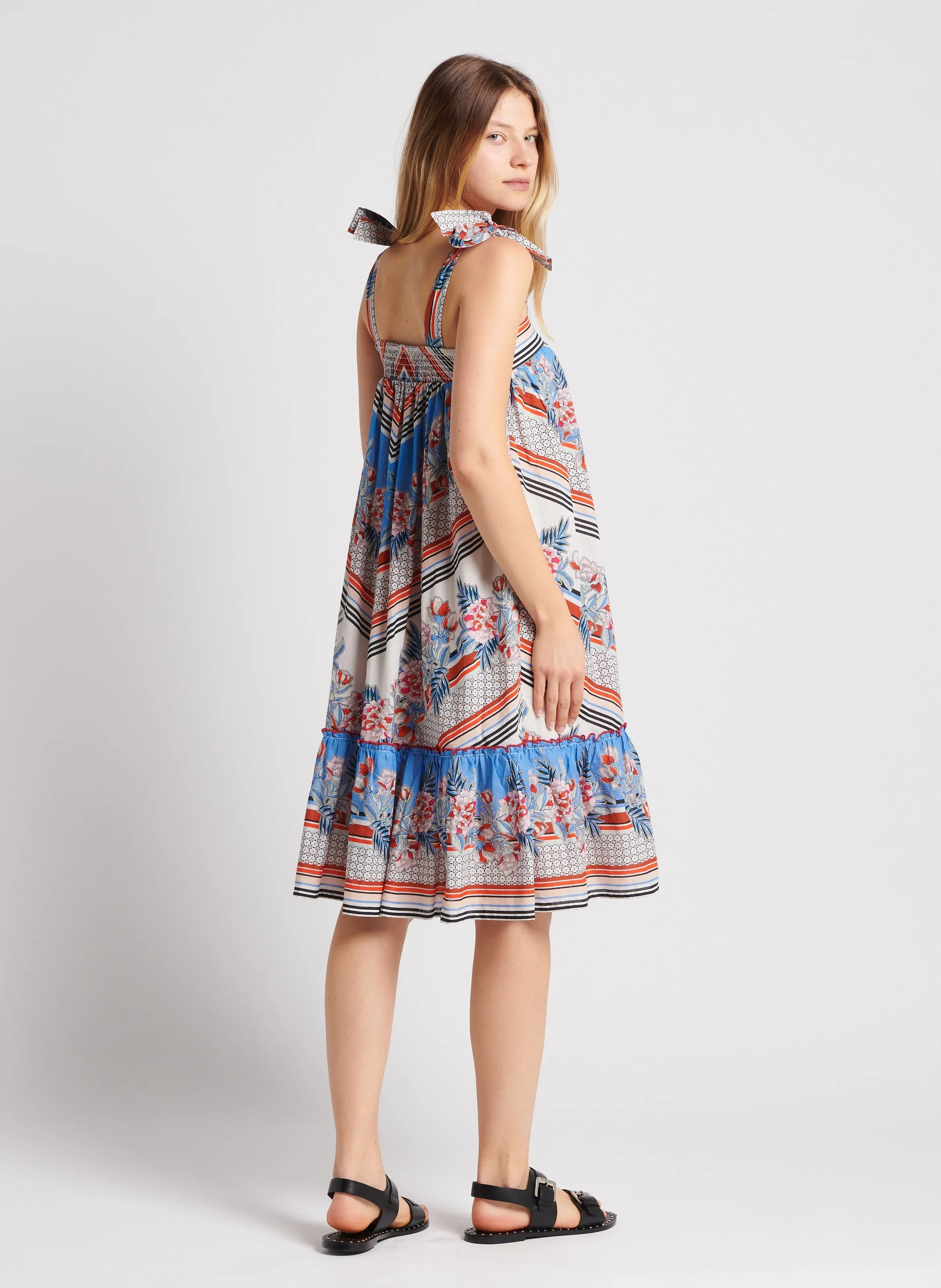 M.A.B.E ARDEN  VESTIDO MIDI ESTAMPADO DE ALGODóN CON FRUNCES EN MULTICOLOR