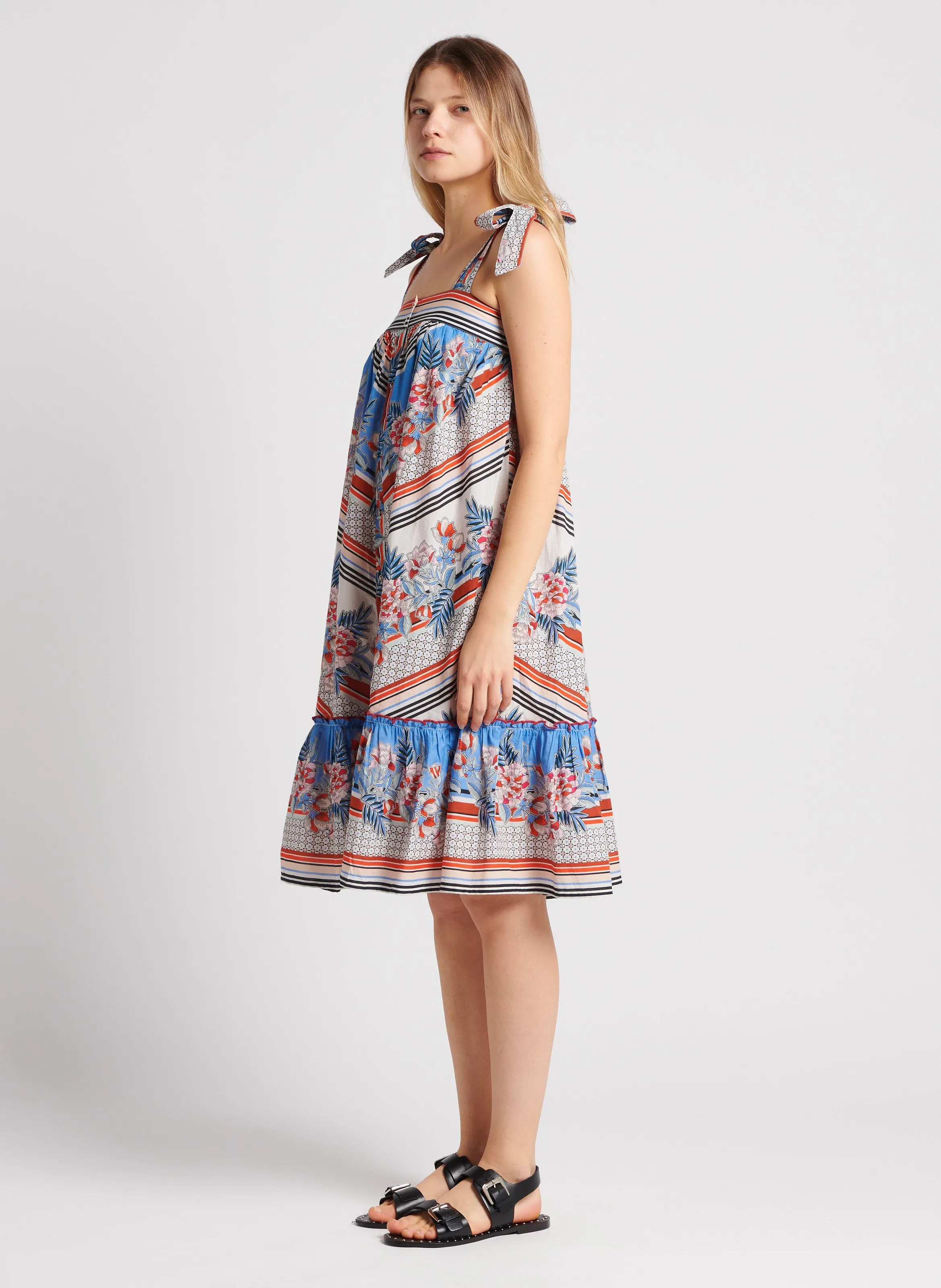 M.A.B.E ARDEN  VESTIDO MIDI ESTAMPADO DE ALGODóN CON FRUNCES EN MULTICOLOR
