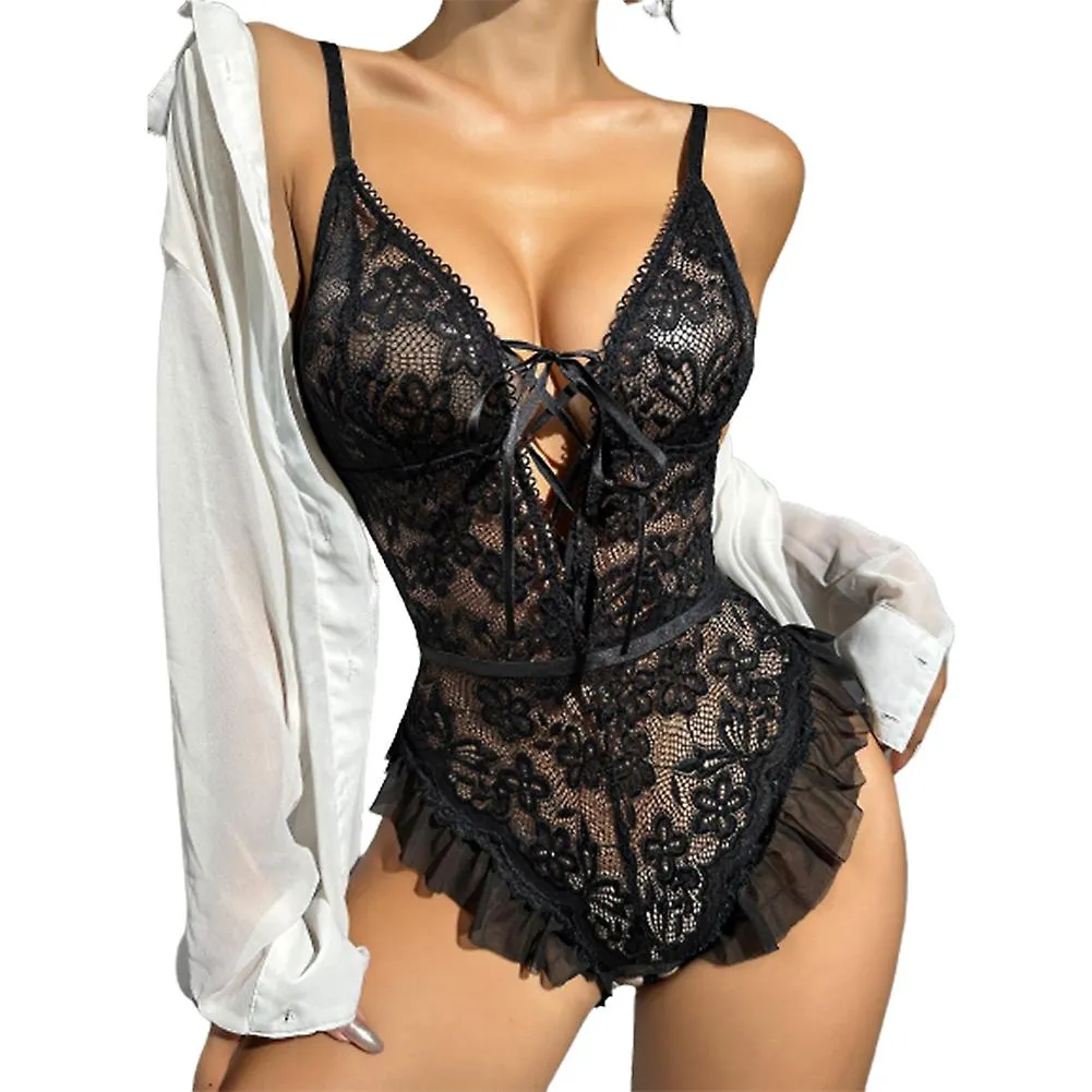 Moda Black Flower Lace Jumpsuit Sexys Lencería Hot Stylish Slimming Sexys Lencería para Mujeres Mujer