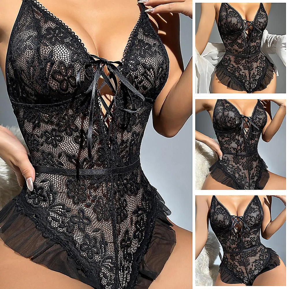Moda Black Flower Lace Jumpsuit Sexys Lencería Hot Stylish Slimming Sexys Lencería para Mujeres Mujer