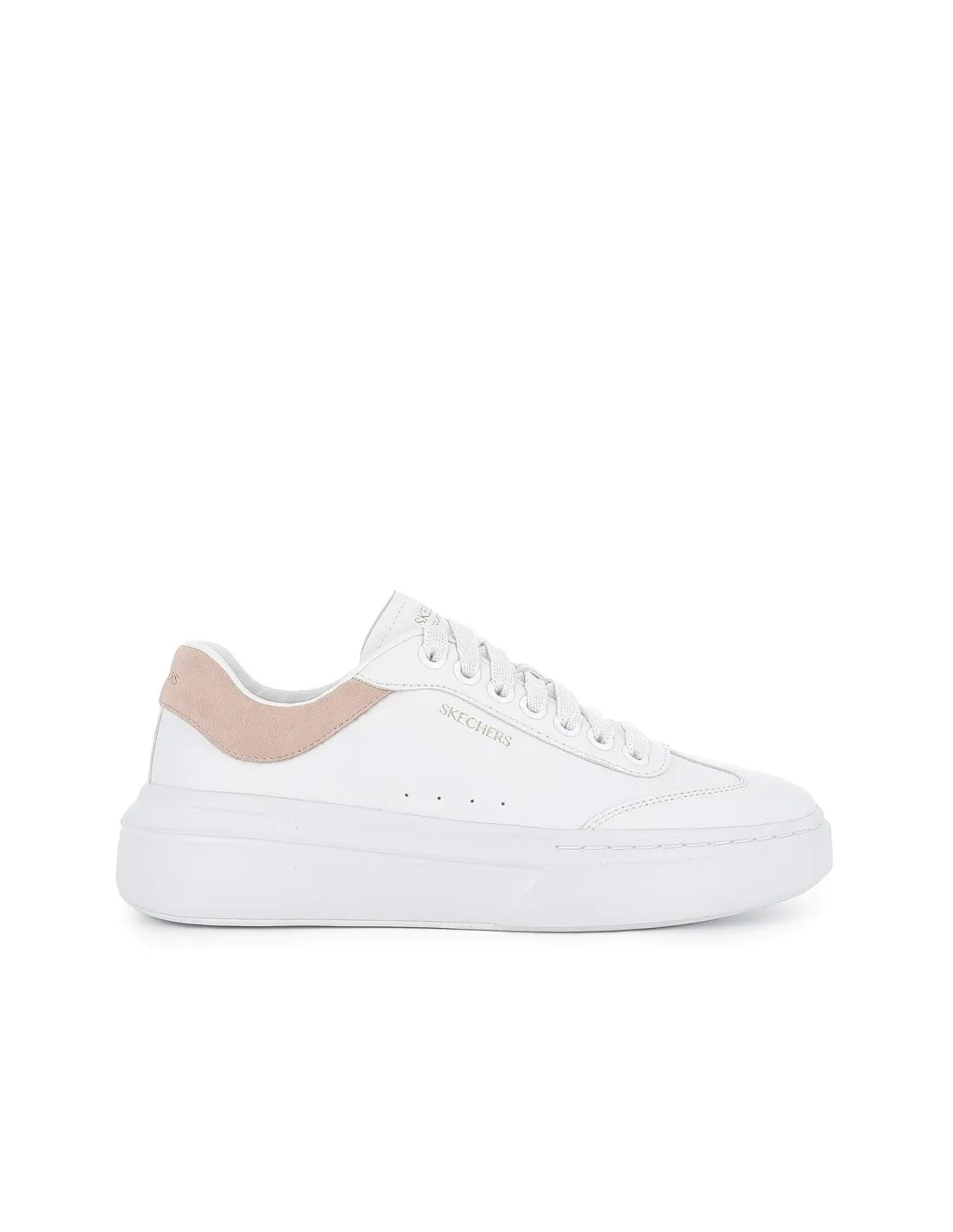 Tenis piel cordones suela cuña mujer blanca y rosa contraste Skechers