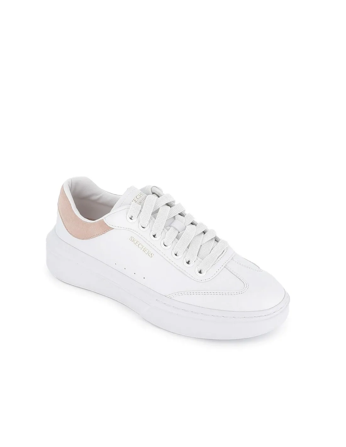Tenis piel cordones suela cuña mujer blanca y rosa contraste Skechers