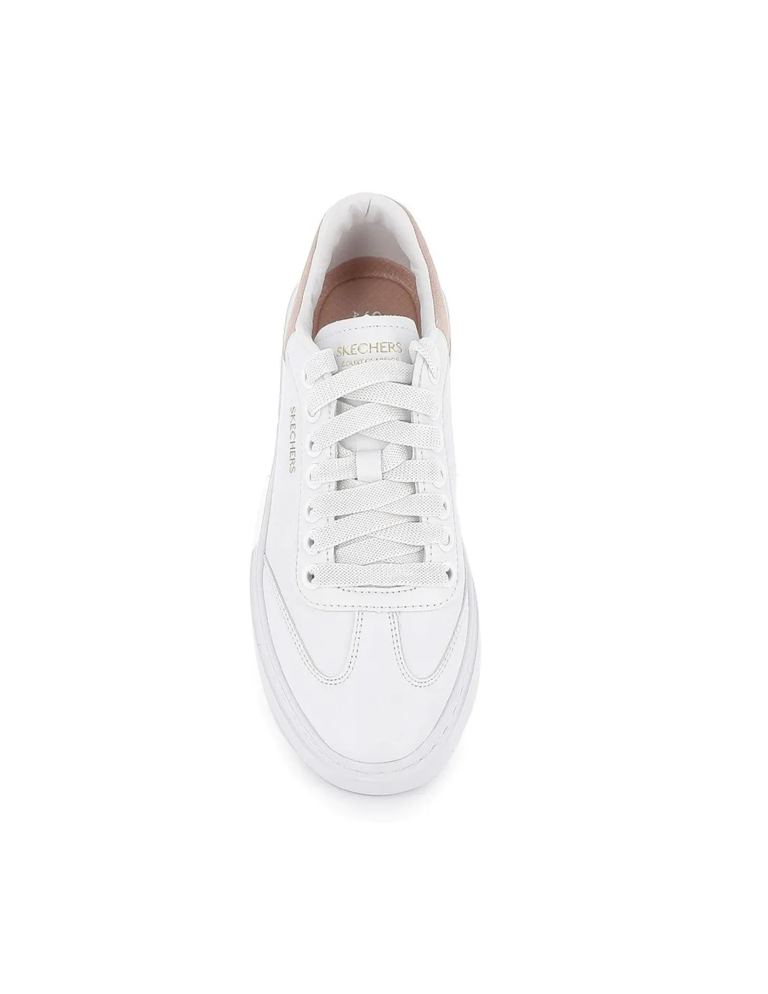 Tenis piel cordones suela cuña mujer blanca y rosa contraste Skechers