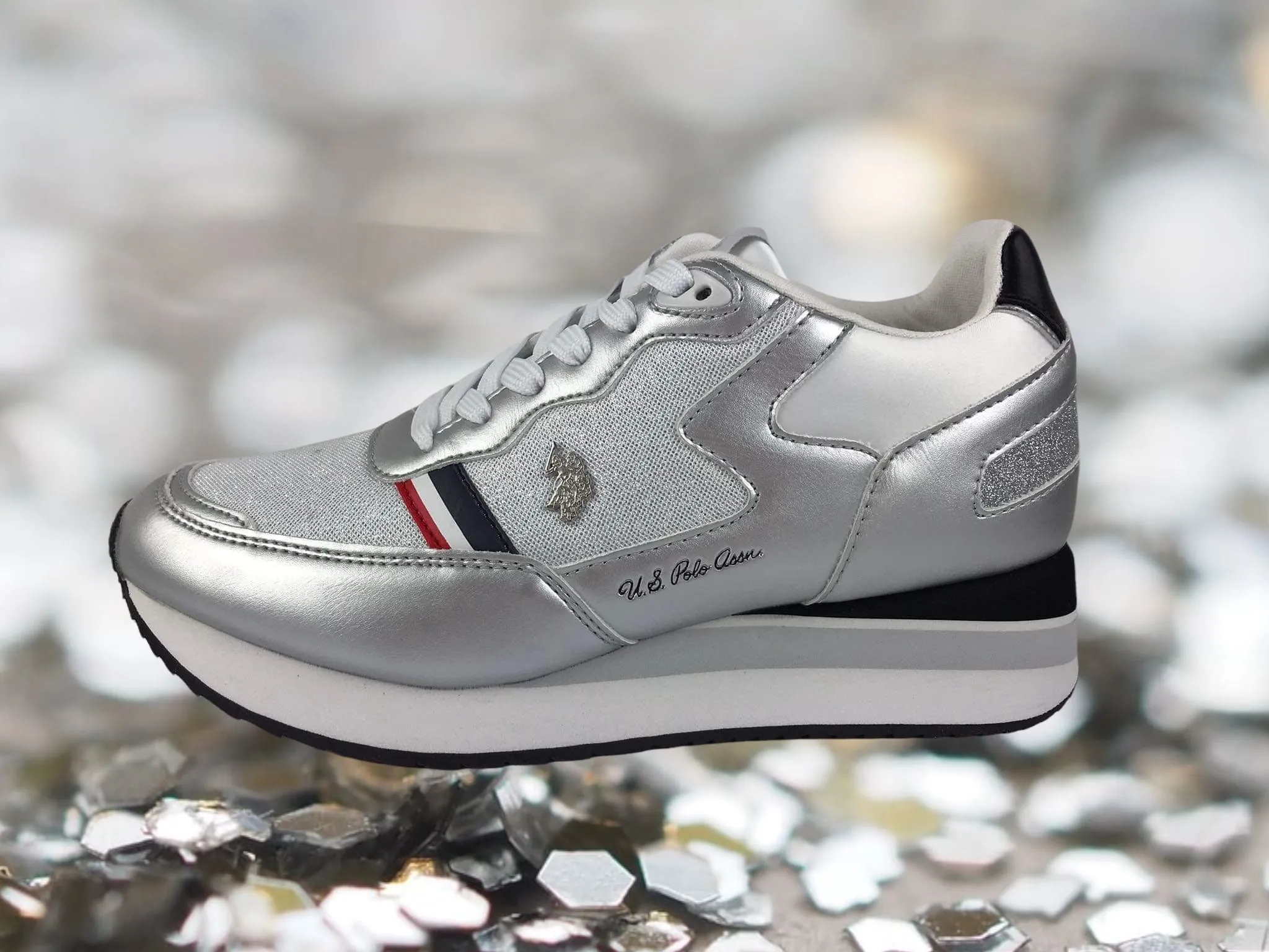 U.S.PoloAssn. | Sneakers mujer con cordones gris plata y marino ecopiel SYL
