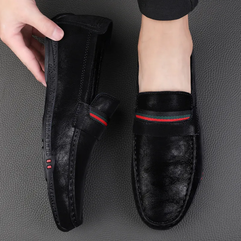 Vestido diseñador para hombre a rayas de cuero genuino 2023 marca de la oficina de moda mocasines zapatos conductores mocasin ma