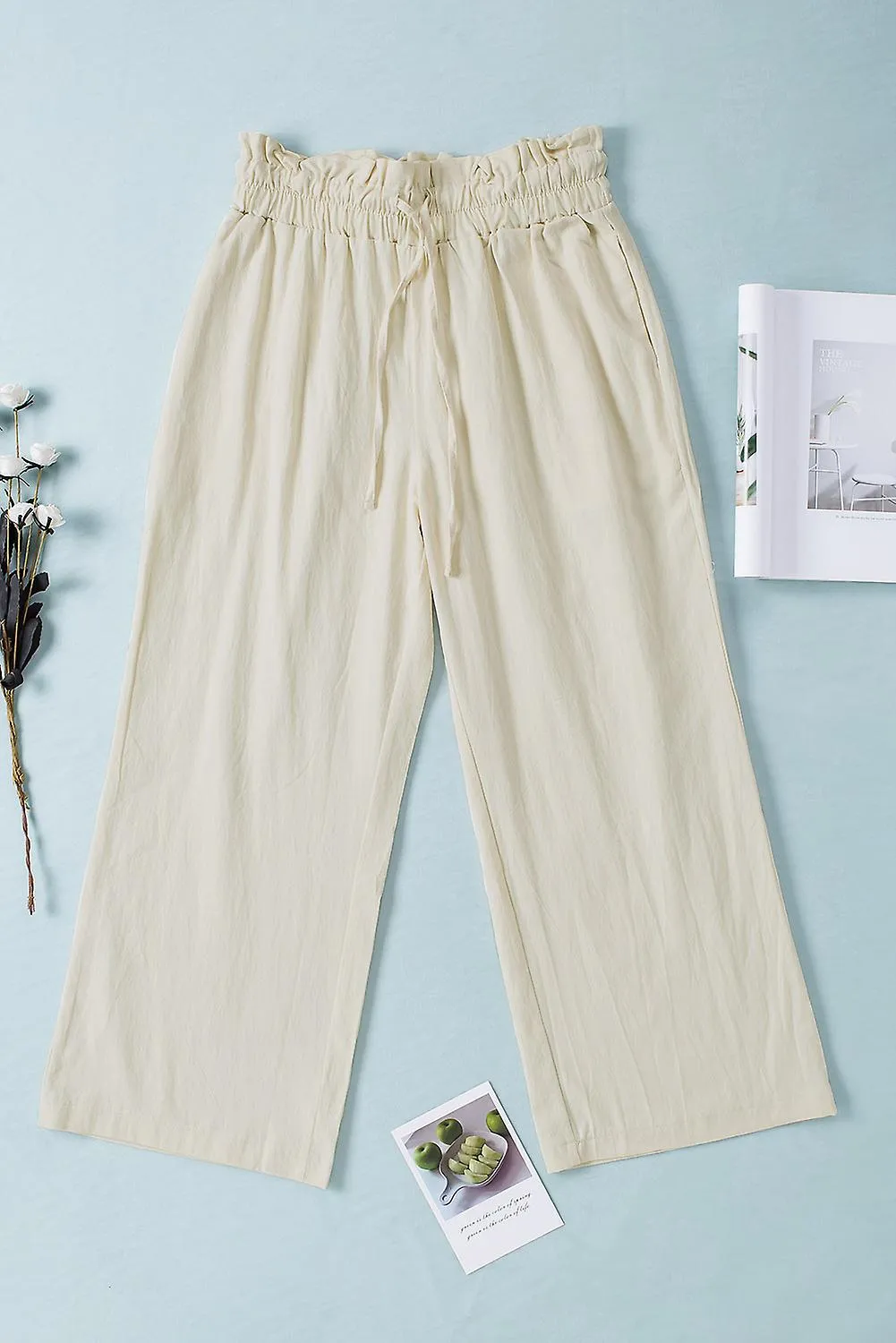 Women's Khaki Paperbag Waist Straight Leg Cropped Pants