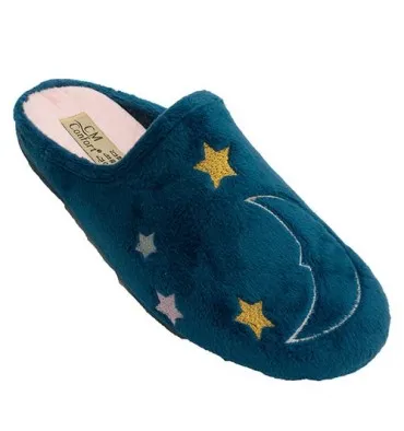 Zapatilla invierno mujer abierta detrás dibujo luna y estrellas Calzamur en azul