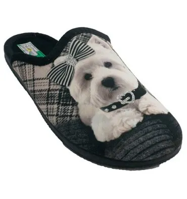 Zapatillas mujer abiertas por detrás dibujo perro Alberola en negro