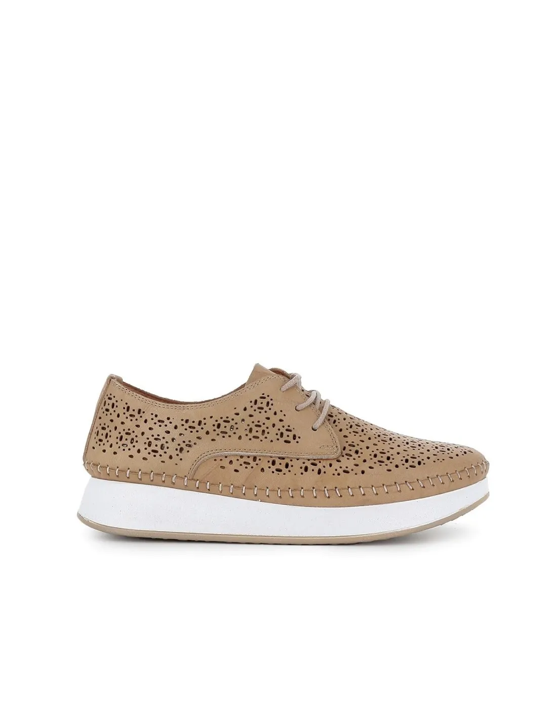 Zapato beige plano cordones con calados mujer  Erase