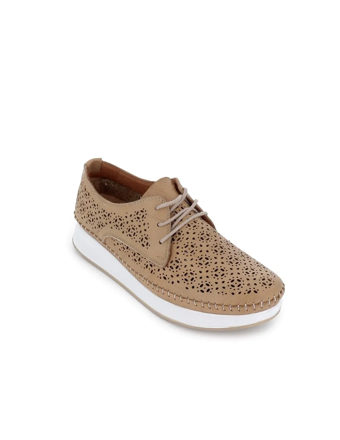 Zapato beige plano cordones con calados mujer  Erase